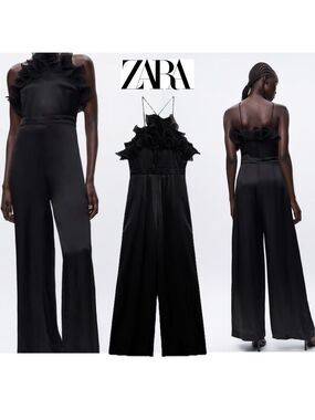 Zara black ruffle frill halter top spaghetti strap wide leg jumpsuit Sz S NWOT